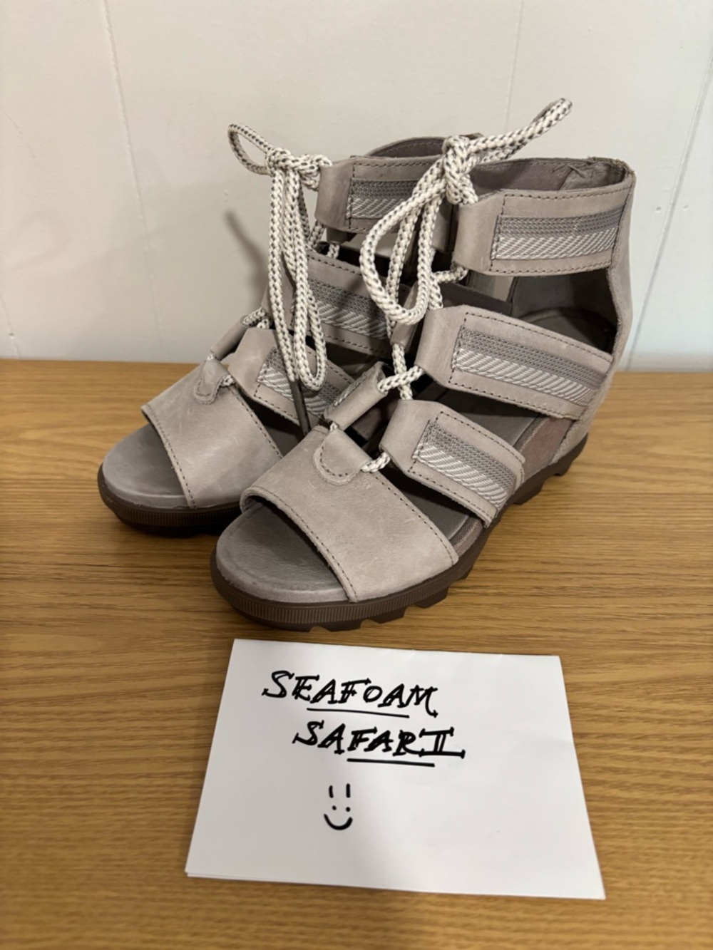 Sorel Seafoam Lace-Up Gladiator Wedge Sandals - Light Gray/Tan